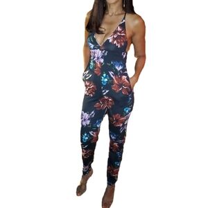 Floral V-Neck Jumpsuit - Black and Purple